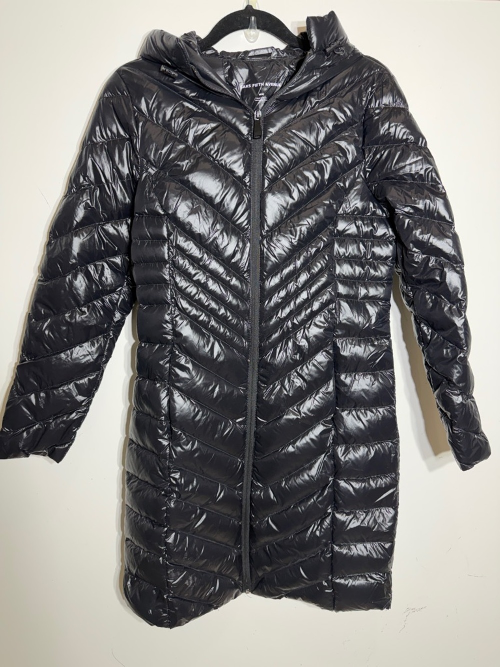 Saks fifth avenue black puffer coat long down jacket medium hood